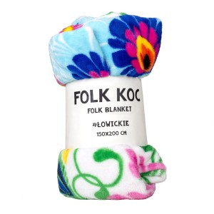 Folk koc 150x200 cm - wzory łowickie - biały