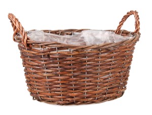 BRĄZOWY OWALNY KOSZYK WIKLINOWY Z FOLIĄ 35x27x16/21 cm