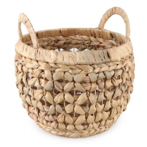OKRĄGŁY KOSZ BOHO Z HIACYNTA WODNEGO Z UCHWYTAMI 30x30x23/29 cm
