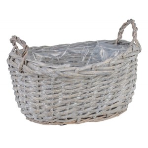 SZARY OWALNY KOSZ WIKLINOWY NA KWIATY Z UCHWYTAMI 29x24x15/20 cm