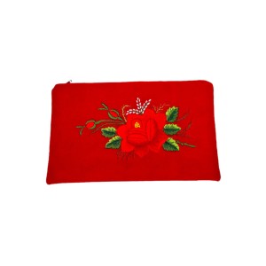 PŁASKA CZERWONA KOSMETYCZKA FOLK - HAFT ŁOWICKI - RÓŻA
