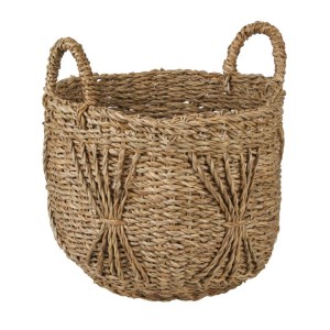 OKRĄGŁY KOSZ BOHO Z TRAWY MORSKIEJ Z UCHWYTAMI 30x30x24/32 cm