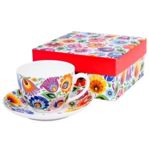 Filiżanka Folk 220 ml w pudełku - Wzory Łowickie - Biała