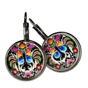 Kolczyki Folk na biglu - Wzory Łowickie - Koguty