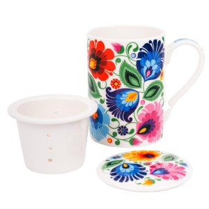 Kubek z zaparzaczem Folk 280 ml - Wzory Łowickie - Biały