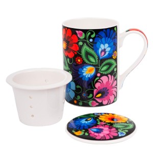 Kubek z zaparzaczem Folk 280 ml - Wzory Łowickie - Czarny