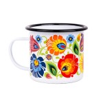 Kubek emaliowany folk 500 ml - Wzory łowickie - Biały