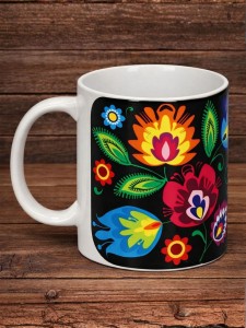 Kubek folk 300 ml - Wzory Łowickie - Czarny