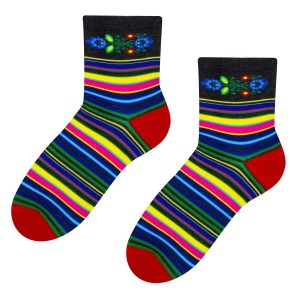 Skarpetki damskie Folk - Pasiak łowicki - Czarne tło